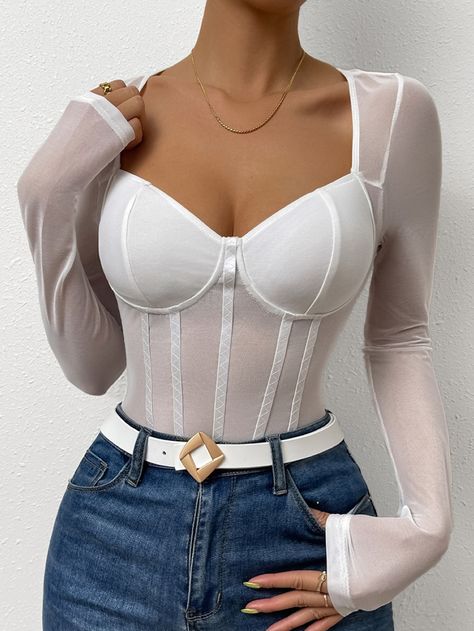 White Corset Bodysuit, White Long Sleeve Bodysuit Outfit, Body Transparente, Bustier Outfit, Body Corset, White Long Sleeve Bodysuit, Bustier Bodysuit, Corset Bodysuit, Ideas Clothes