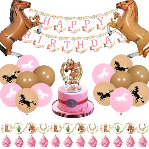 PRICES MAY VARY. What You Will Get: The horse birthday party decoration kit includes 1 happy birthday garland, 1 horse themed cake topper, 24 horse themed cupcake toppers, 15 latex balloons and 2 horse foil balloons, which could meet your needs of birthday party decoration for girls over 1 year and under fifteen years old. Creative Design: The main design of the horse birthday party decorations kit is horse theme, which is very popular over the birthday parties for girls. The vivid horses and pi Horse Girl Birthday Party, Horses Birthday Party Ideas, Horse Happy Birthday, Horse Birthday Party Decorations, Horse Theme Birthday Party, Birthday Banner Cake Topper, Horse Balloons, Horse Birthday Parties, Cowgirl Birthday Party