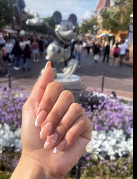 Almond shapes french tips, disney inspired Disney Oval Nails Designs, Lowkey Disney Nails, Almond Shaped Disney Nails, Simple Disney Nails French Tips, Almond Disney Nails Designs, Disney Themed Nails Acrylic Almond, Almond Shape Disney Nails, Disney Nail Inspo Almond, Disney Bridal Nails