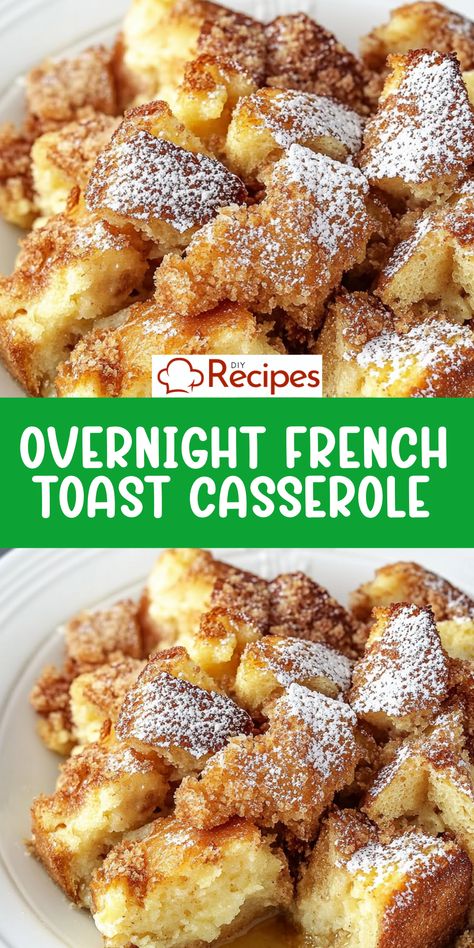 Make your mornings easier with this overnight French toast casserole. Prep it the night before for a delicious, no-fuss breakfast! French Toast Casserole Make Ahead, French Toast Dreams, Breakfast Casserole Bread Cubes, Night Before French Toast Casserole, Make The Night Before Breakfast, Overnight French Toast Recipe Casserole, Breakfast With French Bread, Breakfast To Make The Night Before, Eggless French Toast Casserole