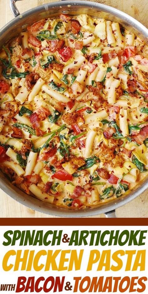 Asiago Cream Sauce, Chicken Pasta With Bacon, Spinach And Artichoke Chicken, Chicken Artichoke Pasta, Spinach Artichoke Pasta, Pasta With Bacon, Chicken Spinach Pasta, Sundried Tomato Pasta, Pasta With Spinach