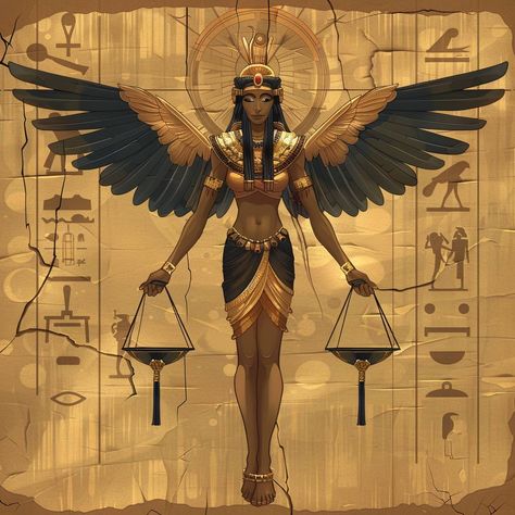 Maat: The Goddess of Truth and Justice ⚖️💛 Maat, the goddess of truth and justice, was essential in maintaining cosmic balance. Discover her role in the judgment of souls and the principles she embodied. #GoddessMaat #EgyptianMythology Iris Egyptian Goddess, Ma’at Goddess, Egyptian Spirituality, Egyptian Design Pattern, Goddess Of Truth, Goddess Maat, Maat Goddess, Cosmic Goddess, Egypt Goddess