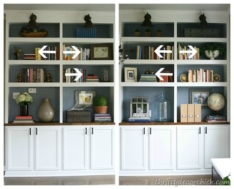 how to decorate bookshelves - maybe this will help end my obsession with my book shelves in the living room! Good tips Decorating Bookcases, How To Decorate Bookshelves, Styling Bookcases, Decorate Bookshelves, Book Cases, Decorating Bookshelves, Thrifty Decor Chick, Bookshelves In Living Room, Bookcase Styling