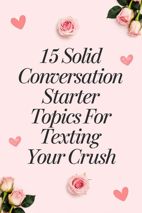 Looking for the perfect conversation starter to text your crush? Check out these 15 solid topics that will keep the dialogue flowing and leave them wanting more. From light-hearted banter to deep questions, this list has you covered. Whether you're just getting to know each other or hoping to spice things up, these topics are sure to spark meaningful conversations and help break the ice effortlessly. Keep your crush engaged and interested with these tried-and-true texting conversation starters. First Conversation Starters, Text Starters Crush, Conversation Starters Texting Crush, Things To Ask Your Crush, Crush Conversation Starters, Crush Over Text, Texting Crush, Text Your Crush, Texting Your Crush