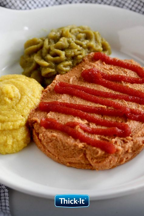 Puréed meatloaf with red ketchup, puréed green beans, and puréed sweet corn on a white dish with a checkered napkin background Pureed Recipes, Dysphagia Diet, Pureed Diet, Seasoned Green Beans, Pureed Food, Meatloaf Mix, Soft Foods Diet, Traditional Meatloaf, Classic Meatloaf Recipe