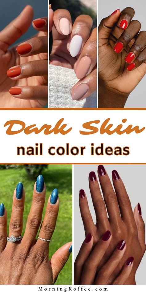 The best nail colors for dark skin you wil obsess over. From red nails that look most stand out on dark skin to lilac shade for you to copy in 2022. And to see the full inspo of this nail colors for dark skin go check put the post. Dark Skin Nail Polish, Nail Colors For Dark Skin, Best Toe Nail Color, Dark Skin Nail Color, Natural Color Nails, Dark Color Nails, Best Nail Colors, Short Red Nails, Short Nail Manicure