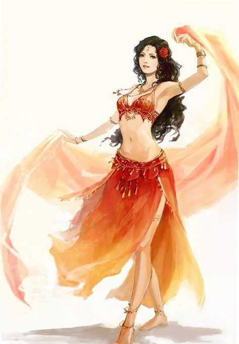 Photo Belly Dancer Character Design, Belly Dancer Outfits Drawing, Dnd Dancer, Female Bard Character Design, Anime Belly Dancer, Dancer Character Design, Belly Dancer Outfits, Dance Outfit, Belly Dancer