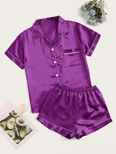 Purple Elegant Collar Short Sleeve   Short Sets Embellished Non-Stretch  Women Plus Sleep & Lounge Purple Pajamas, Silk Pjs, Satin Pj Set, Pyjama Satin, Personalized Pajamas, Bridesmaid Pyjamas, Plain Pants, Cute Pajama Sets, Plus Size Pajamas