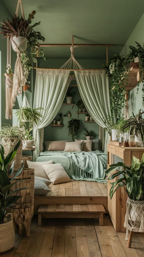 "Nature-inspired boho bedroom in sage green, filled with plants, wooden furniture, and earthy textures for a calming retreat. Eucalyptus Bedroom Ideas, Sage Green Closet Aesthetic, Bedroom Ideas Boho Earthy Vintage, Cozy Forest Green Bedroom, Pale Green Room Aesthetic, Bedroom Decor Ideas Cottage Core, Plant Bedroom Aesthetic Boho, Nature Themed Rooms Bedrooms, Golden Boho Bedroom