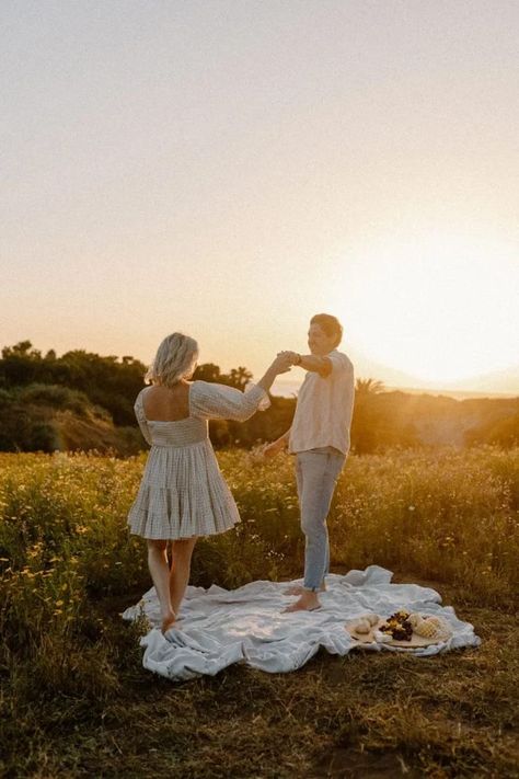 Flowers Engagement Photos, Flower Field Engagement Photoshoot, Dancing Engagement Pictures, Wildflower Field Engagement Photos, Flower Field Proposal, Flower Field Engagement Photos, Field Couple Pictures, Harlow James, Picnic Board