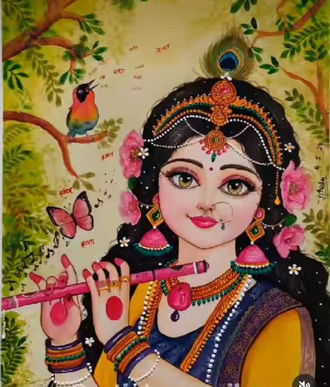 Painting Radha Krishna Indian Art, Indian Goddess Drawing, Radharani Drawing, Jainism Wallpaper, Radha Rani Drawing, Saraswati Art, Gods Drawing, Flute Drawing, Shree Ji