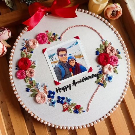 Customized photo embroidery anniversary handmade hoop 💖✨ Dm us for details and order 🎁 . . #anniversary #handembroidery #embroideryhoopart #lovehoops Embroidery Designs Hoop Art, Embroidery For Anniversary, Hoop Art Embroidery Birthday, Hoop Embroidery Ideas, Anniversary Embroidery Hoop, Embroidery Hoop Designs, Embroidery Anniversary, Embroidery Clock, Anniversary Embroidery