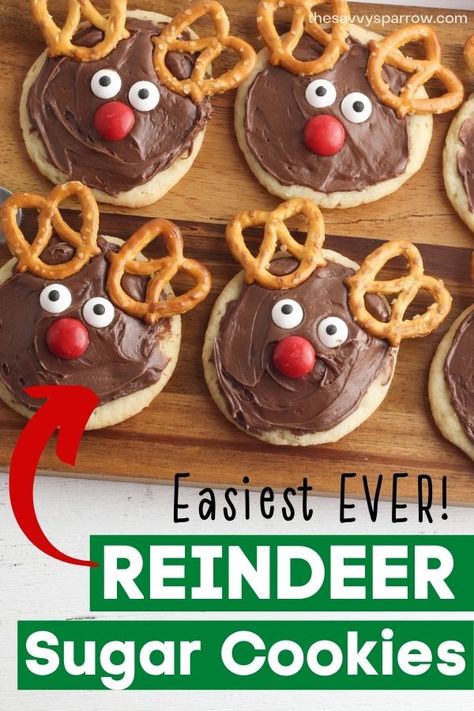 Reindeer Cookies With Pretzels, Reindeer Sugar Cookies, Easy Christmas Cookies Decorating, Rudolph Cookies, Christmas Cookies Kids, Christmas Cookie Party, Candy Eyes, Cute Christmas Cookies, Easy Christmas Treats