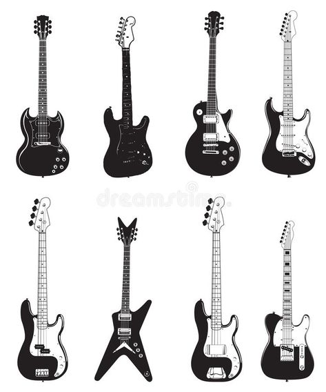 Set of guitar silhouettes black color isolated on white - Electric Guitars and Logo for Music store. Heavy rock electric guitars outline musical instruments vector illustration Guitar Patchwork Tattoo, Electric Guitar Silhouette, Electric Guitar Shapes, Electric Guitar Tattoo Ideas, Electric Guitar Tattoo Design, Electric Guitar Doodle, Electric Guitar Drawing Sketches, Rock Music Drawing, Sketch Guitar