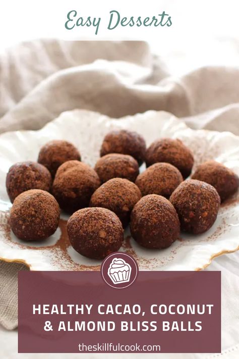 Meet your new snack buddy: Healthy Cacao, Coconut & Almond Bliss Balls! Combining the richness of cacao, the nutty goodness of almonds, and the tropical hint of coconut, these little bites are both yummy and guilt-free. Whether you're craving a sweet treat or need an energy boost, these bliss balls are here for you. Easy to make with ingredients you might already have on hand. Why wait? Give 'em a whirl and let the magic happen, don't forget to pin and share the joy! Coconut Balls Healthy, Coconut Balls, Bliss Balls, Coconut Almond, Scrumptious Desserts, Cacao Nibs, Energy Boost, Recipe Healthy, Decadent Chocolate