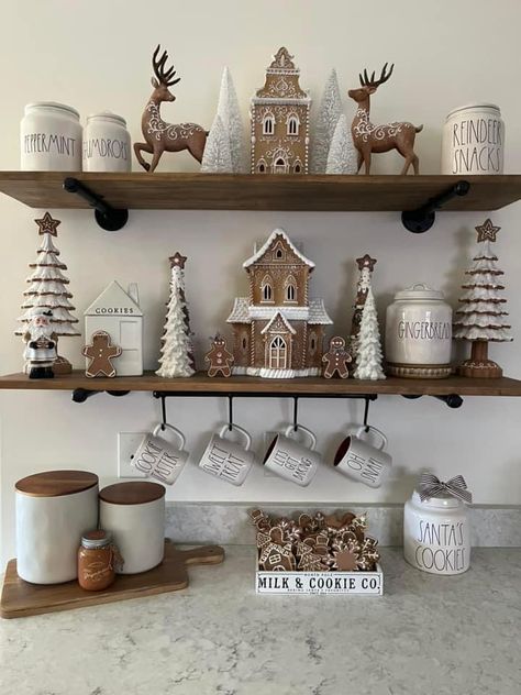 Farmhouse Gingerbread Christmas Tree, Gingerbread Coffee Bar Decor, Christmas Decor Coffee Bar, Christmas Coffee Station Ideas, Kirklands Home Decor Christmas, Neutral Christmas Shelf Decor, Gingerbread Theme Kitchen, Christmas Kitchen Aesthetic, Neutral Christmas Decor Kitchen