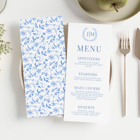 Drinks Menu Wedding, Elegant Wedding Menu, Bridal Luncheon, Floral Napkins, Wedding Blue, Wedding Menu Cards, Blue Wedding Invitations, 2024 Wedding, Coastal Wedding