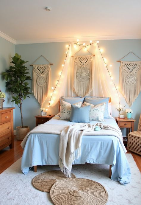 Light Blue Boho Bedroom Boho Bedroom Light Blue Walls, Light Blue Wall Room Ideas Bedrooms, Bedroom Ideas For Teen Girls Blue, Teen Girl Blue Bedroom Ideas, Bedroom Decor Diy On A Budget, Light Blue Boho Bedroom, Blue Boho Bedroom Ideas, Blue Boho Bedroom, Blue Teen Girl Bedroom