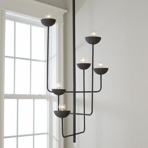 Unique minimal design meets medieval essence in our Urban Angles Chandelier.  Its slender arms are met with cupped sockets creating contrast in shape.  The textured black finish emits an industrial aesthetic that will be a bold focal point in your dining room or foyer. Entry Way Chandelier High Ceilings, Entry Way Chandelier, Entry Chandelier, Slender Arms, Entryway Chandelier, Industrial Aesthetic, Industrial Chandelier, Black Chandelier, Mountain Home