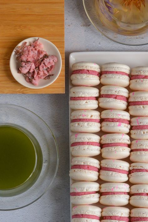 Cherry Blossom Macarons, Sakura Recipes, Sakura Macaron, Cherry Blossom Dessert, Dream Bakery, Whipped Ganache, Flower Cafe, Macaron Flavors, Blossom Wedding