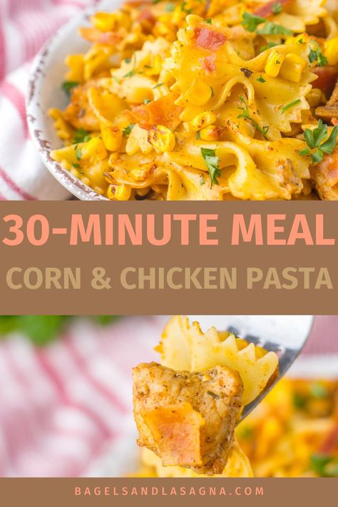 This recipe for 30 minute creamy chicken and corn pasta is a quick and easy dinner that you can pull together fast and all in one pot. It's the perfect simple meal for a family looking for dinner ideas on busy weeknights. Corn And Pasta, Chicken And Corn, Corn Pasta, Quick Pasta, Chicken Corn, Italian Breakfast, Small Pasta, Quick And Easy Dinner, Dinner Entrees