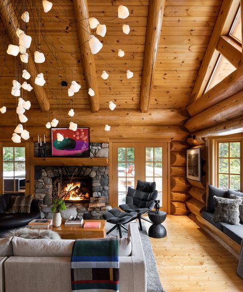 Mountain home mixes retro log cabin and modern vibes | Log Cabin Kitchens, Tahoe House, Log Home Interiors, Log Home Decorating, Wood Shingles, Mountain Style, Mountain Getaway, Cabin Kitchens, Norm Architects