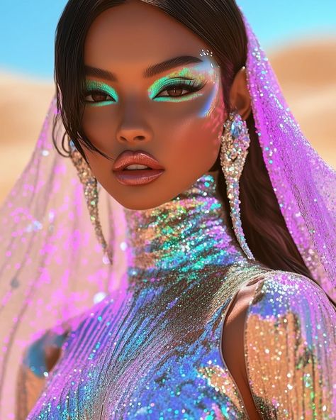 Desert dreams wrapped in cosmic glam. Shimmer like the stars, darling! #GalacticGlam #DesertGlow -> These images are designed with help of AI. The pieces in the images are not real. It’s a big dream is to turn these designs into reality one day 🩷 #Queens #Glitterqueens #fashionista Cosmic Makeup, Galactic Glam, Strange Fashion, Amy Brown, Products Photography, Desert Dream, Rainbow Bright, Artist Quotes, Eye Makeup Art