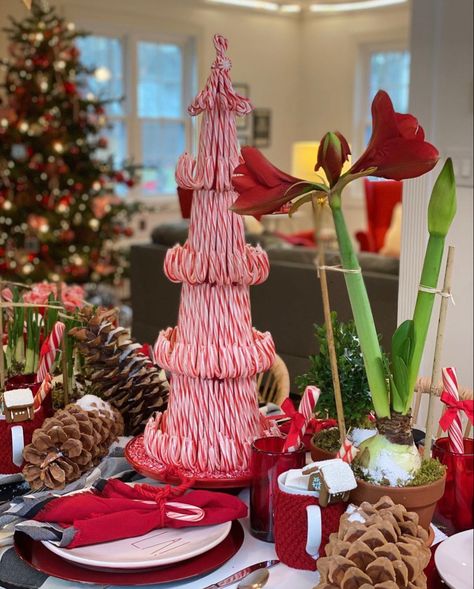 Christmas, Christmas Table, Candycand, Decoration, Themed Table Breakfast With Santa Decorations Ideas, Candy Cane Tablescape, Candy Cane Tea, Santa Breakfast, Candy Cane Tree, Christmas Party Table Decorations, Breakfast With Santa, Cane Decor, American Girl Parties