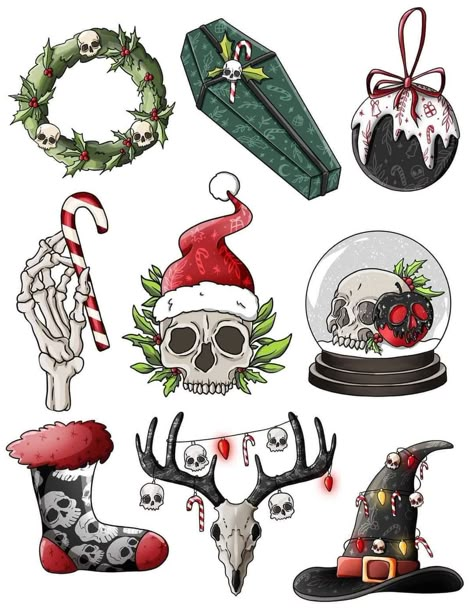 This spooky Christmas sheet of designs will add a thrill to your holiday crafts! Make spooky stickers, festive decals, and more! Creepy Christmas Drawing, Goth Christmas Art, Christmas Reths, Creepy Christmas Nails, Creepy Christmas Art, Goth Christmas Decorations, Creepmas Decorations, Evil Christmas, Christmas Tattoo Ideas