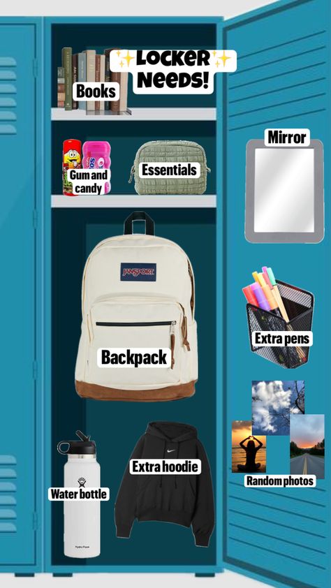 Locker needs!! #locker #school #bored How To Decorate Your Locker, 6th Grade Locker Ideas, Locker Ideas Aesthetic, Cute Locker Ideas, Locker Essentials, Locker Decorations Diy, Bag Necessities, School Locker Organization, Middle School Lockers