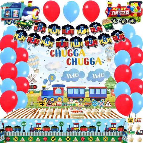 PRICES MAY VARY. Chugga Chugga Two Two Party Decorations include: 1x Train Theme Chugga Chugga Two Two Banner Backdrop, 1pcs birthday banner, 1pcs tablecloth,20pcs 12" latex balloons,2pcs aluminum mold train balloons,1pcs birthday large Cake topper, 12pcs birthday small cupcake topper,1 roll of adhesive dots, 1 balloon tape strip. Chugga Chugga Two Two Party Decorations is designed for boys' birthday party, banner, cake topper and train foil balloons are designed with train elements, create a pe Train Balloons, Transportation Birthday Theme, Train Birthday Decorations, Train Cake Topper, Vintage Train Birthday Party, Train Birthday Theme, Chugga Chugga Two Two, Transportation Party, Train Birthday Party