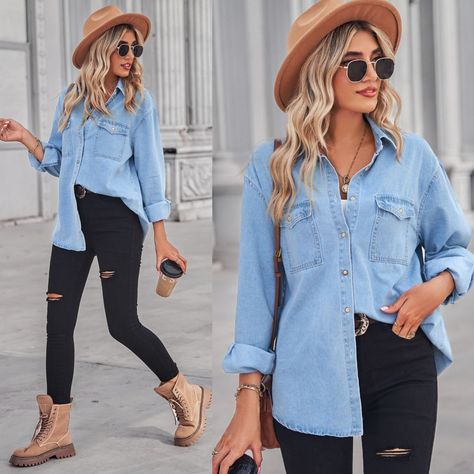 This Stylish Denim Top Has A Relaxed Vibe With Its Dropped Shoulder And Casual Design. It Features A Collared Neckline And Comes With Convenient Pockets And A Buttoned Front. The Top Has A Long Length, And The Sleeves Are Also Long, Making It Perfect For Cooler Weather. Wear It With Your Favorite Black Pair Of Jeans To Complete The Laid-Back Look. Pockets Buttoned Collared Neck Length: Long Long Sleeves Fabric: 95% Rayon, 5% Polyester Stretch: No Stretch Measurements: S: Bust 44.9 In, Shoulder 1 Button Up Jean Shirt Outfit, Big Denim Shirt Outfit Women, Black Dress Chambray Shirt Outfit, Jean Dress With Leggings, Outfits With Light Denim Jacket, Black Pants Denim Shirt Outfit, Long Jeans Shirt Outfit, Texas Capsule Wardrobe, Blue Jean Summer Outfits