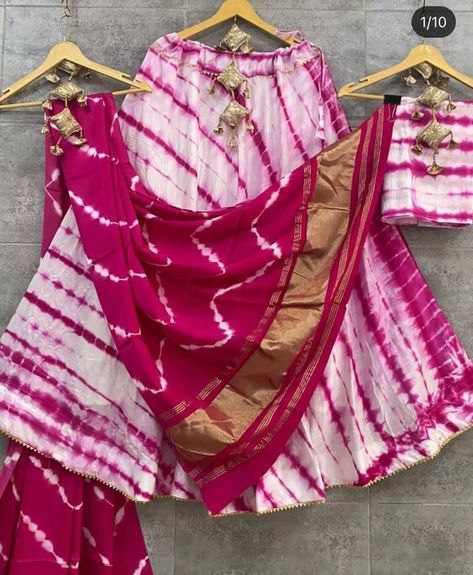 *LEHENGA* *we Launching most demanding chaniya choli* *❤‍🔥Lehnga Pure Muslin cotton With fusing paper & lehriya shibori print umbrella Flair lehnga with lining or Can-Can & canvas original gotta border nd string* *💖length :- 40-42"* *💖Waist :- 40-42"* *❤‍🔥Duptta: modal Silk Both side Lagdi patta with Lehriya Sibori print With 2.5+ mtr cut💞* *💞Blouse :: *Muslin cotton with Lehriya shibori print* WhatsApp 6377811829 Choli Blouse Design, Chaniya Choli Designs, Shibori Designs, Navratri Dress, Navratri Festival, Desi Wedding Dresses, Shibori Print, Fashion Poster Design, Draping Fashion