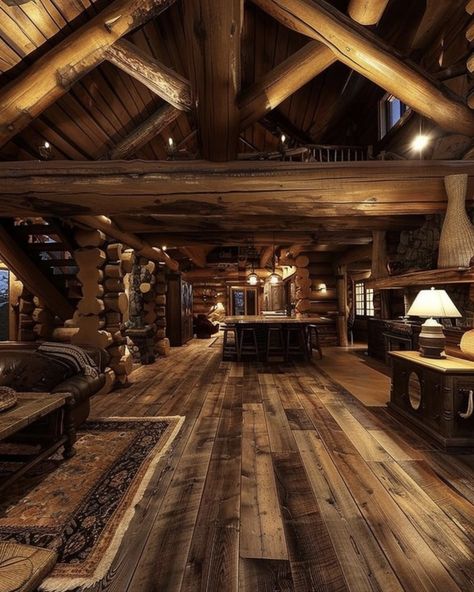 Dark Wooden House Aesthetic, German House Interior, Apocalypse Bunker, Rustic Mansion, Log Cabin Mansions, Wooden House Plans, Cabin Basement, Cabin Mansion, Modern Log Cabins