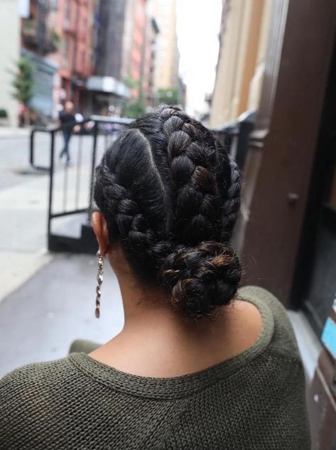 triangle-box-braids-black-hair-three-braids-bun-green-sweater-earrings Hairstyles Bohemian, Beautiful Braid Hairstyles, Man Braid, French Braid Bun, 2018 Hairstyles, Dutch Braid Bun, Hairstyles French, Blond Hairstyles, Roller Sets