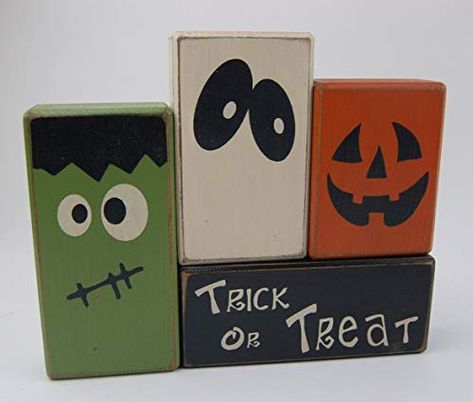 Amazon.com: Trick Or Treat with Frankenstein, Ghost, Pumpkin-Primitive Wood Sign Shelf Sitting Blocks-Holiday, Seasonal, Halloween, Fall, Home Decor : Handmade Products Halloween Wood Blocks, 2x4 Crafts, Dulceros Halloween, Fall Wood Crafts, Pumpkin Canvas, Halloween Party Snacks, Halloween Wood Crafts, Wood Block Crafts, Bar Inspiration