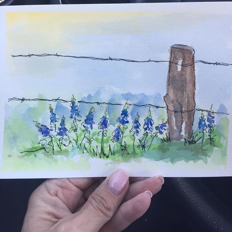 Texas Watercolor Art, Country Painting Ideas Easy, East Watercolour Painting, Western Watercolor Paintings, Country Watercolor, Clipboard Art, Texas Watercolor, Line And Wash, Texas Wildflowers