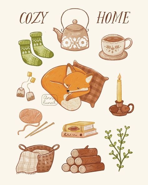 Anna Lunak - Illustrator & Shop Owner | Cozy home items for this little fox to have a very cozy February 🧡 This was the Patr30n print and sticker sheet for last month. If… | Instagram Cozy House Illustration, Cozy Illustration Art, Autumn Art Wallpaper, Cozy Home Illustration, Fall Illustration Art, Cozy Hobbies, Cozy Stickers, Fox Autumn, Cozy Wallpaper