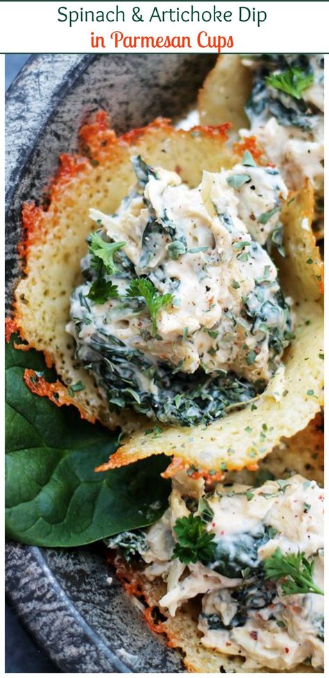 Creamy and cheesy Spinach and Artichoke Dip served in delicious, easy homemade Parmesan Cups. Parmesan Cups, Spinach And Artichoke Dip, Cheesy Spinach, Party Snack Food, Lchf Recipes, Spinach Artichoke Dip, Treats Recipes, Artichoke Dip, Best Appetizers