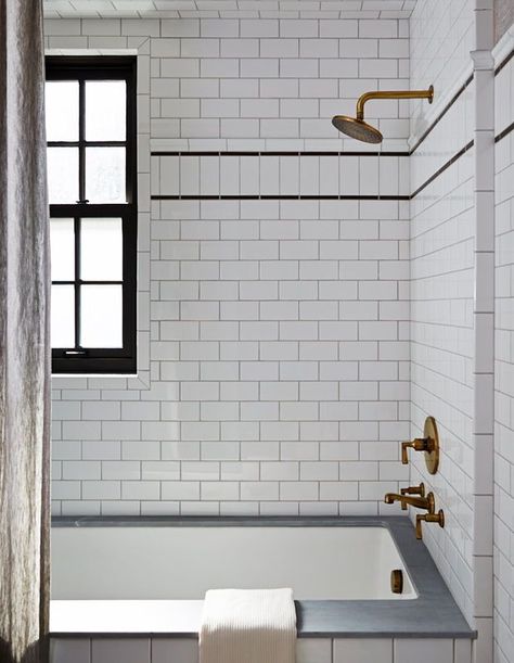 Vintage Style Shower Tile, Tile Stripe In Bathroom Wall, Timeless Subway Tile Bathroom, All Subway Tile Bathroom, White Shower With Accent Tile, White Subway Tile With Black Trim, Classic White Subway Tile Bathroom, Subway Tile Shower With Pencil Trim, Subway Tile Shower Bath Combo