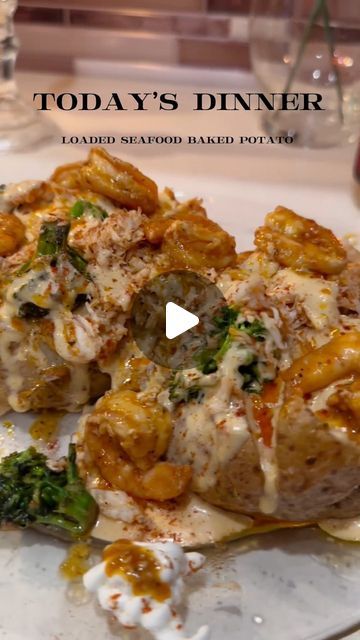 Shrimp Stuffed Potatoes Recipe, Seafood Mashed Potatoes Recipe, Loaded Shrimp And Broccoli Baked Potato, Seafood Potatoes Recipes, Sunday Quick Dinner Ideas, Salmon Loaded Baked Potato, Crab Baked Potato, Baked Potatoes Ideas Dinners, Shrimp Twice Baked Potatoes