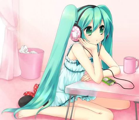 Miku.. Shes an anime/ Thats a move.. Blue Hair, A Girl, Headphones, Music, Wall, Hair, Anime, Pink, Blue