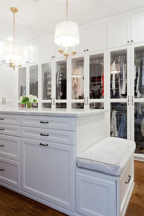 Closet island bench Closet Bench, Transitional Closet, Master Closet Design, Closet Features, Closet Island, Ikea Closet, Amazing Closets, Walking Closet, Dream Closet Design