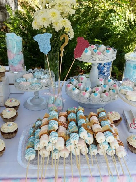 The Cutest Gender Reveal Food Ideas Cotton Candy For Gender Reveal, Gender Reveal Food Table Decor, Simple Gender Reveal Dessert Table, Dessert Table Gender Reveal Ideas, Cake Table Gender Reveal, Bear Gender Reveal Dessert Table, Desserts Gender Reveal, Gender Reveal Party Dessert Table, Table Decor Gender Reveal