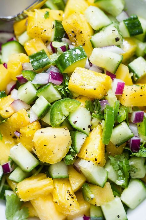 Pineapple Jalapeño Cucumber Salad Recipe — Eatwell101 Pineapple Cucumber, Best Summer Salads, Pineapple Salad, Pineapple Recipes, Cucumber Recipes Salad, Cucumber Recipes, Summer Salad Recipes, Nutrition Guide, Diet Keto