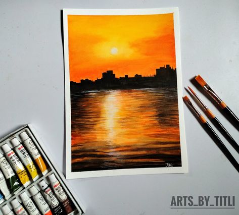 Watercolor on paper Size: A4 Paper: brustro watercolor paper Colour: Camel Artist Watercolour Fabric Painting Ideas, River Side, Watercolor Sunset, Easy Watercolor, Watercolor On Paper, A4 Paper, Beautiful Sunset, Fabric Painting, Watercolor Paper