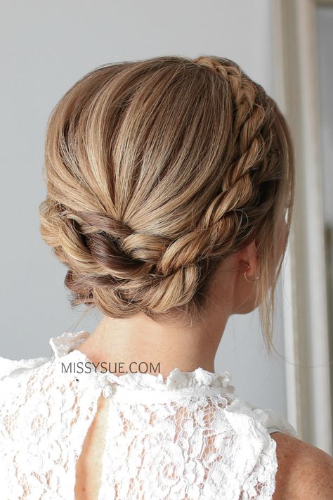 Crown Twist Braid | MISSY SUE Crown Braid With Bun, Crown Braid Bun, Loose Crown Braid, Bridal Twist Updo, Crown Twist Hairstyle, Bridal Braid Crown, Twist Crown Hairstyles, Braid Crown Wedding, German Braids Hairstyles