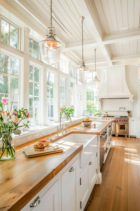 Farmhouse Kitchen Big Window, Classic Farmhouse Interior Design, Rustic Chic Farmhouse, White Country Kitchen Farmhouse Style, Farmhouse White Kitchen, Farmhouse Chic Kitchen, Modern Rustic Kitchen, Farmhouse Kitchen Decor Ideas, Kitchen Ideas On A Budget