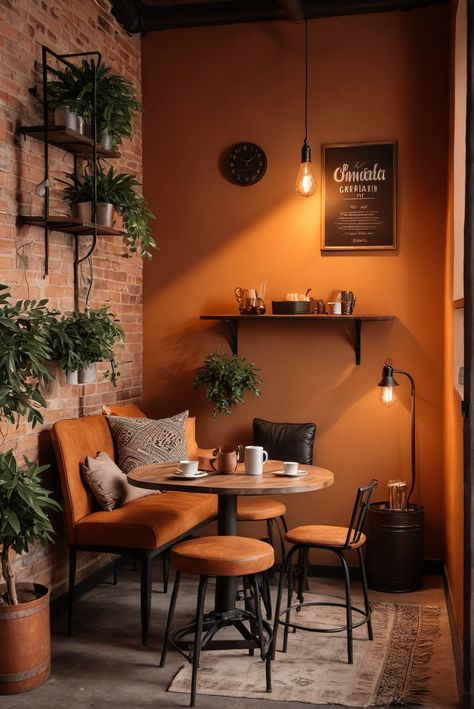 10 Ideas and Inspiration for Industrial Style Coffee Corners - afullmug.com Cafe Style Kitchen At Home, Coffee Shop Style Kitchen, Coffee Shop Inspo Interior Design, Coffee Lounge Ideas, Unique Cafe Design Interiors, Cozy Cafe Interior Coffee Shop, Rustic Cafe Decor, Cozy Coffee Shop Interior, Coffee Shop Interior Design Cozy