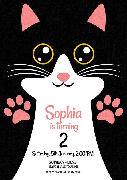 Party Invitation Card Design, Cat Birthday Party Invitations, Cat Birthday Invitations, Cat Invitations, Birthday Party Invitation Card, Birthday Card Designs, Cute Cat Design, Birthday Invitations Diy, Card Design Template